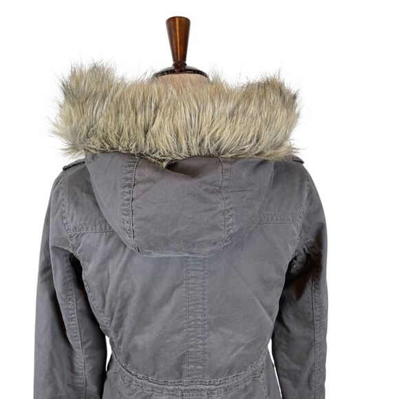 Aeropostale Y2K Utility Jacket Womens S Faux Fur Lined Hood Military Bomber Gray - Picture 10 of 13